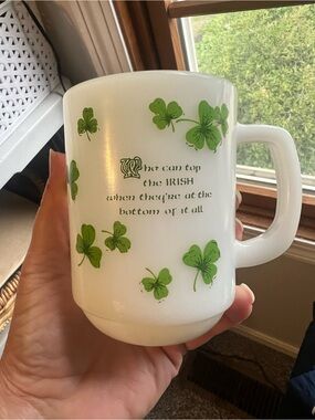 Vintage Fire King White Milk Glass Shamrock Mug with Green Clover Design
